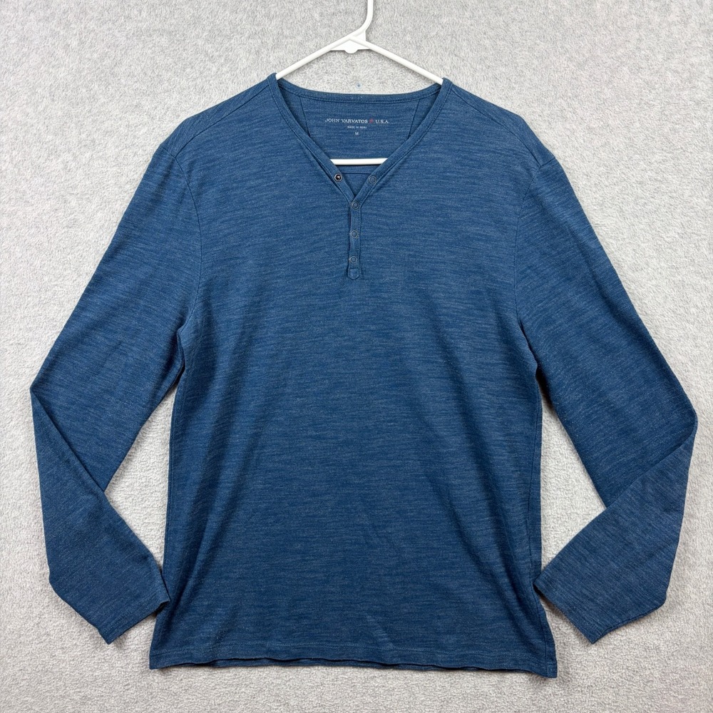 John Varvatos Henley Shirt Mens Medium Blue Knit Long Sleeve Minimal Preppy